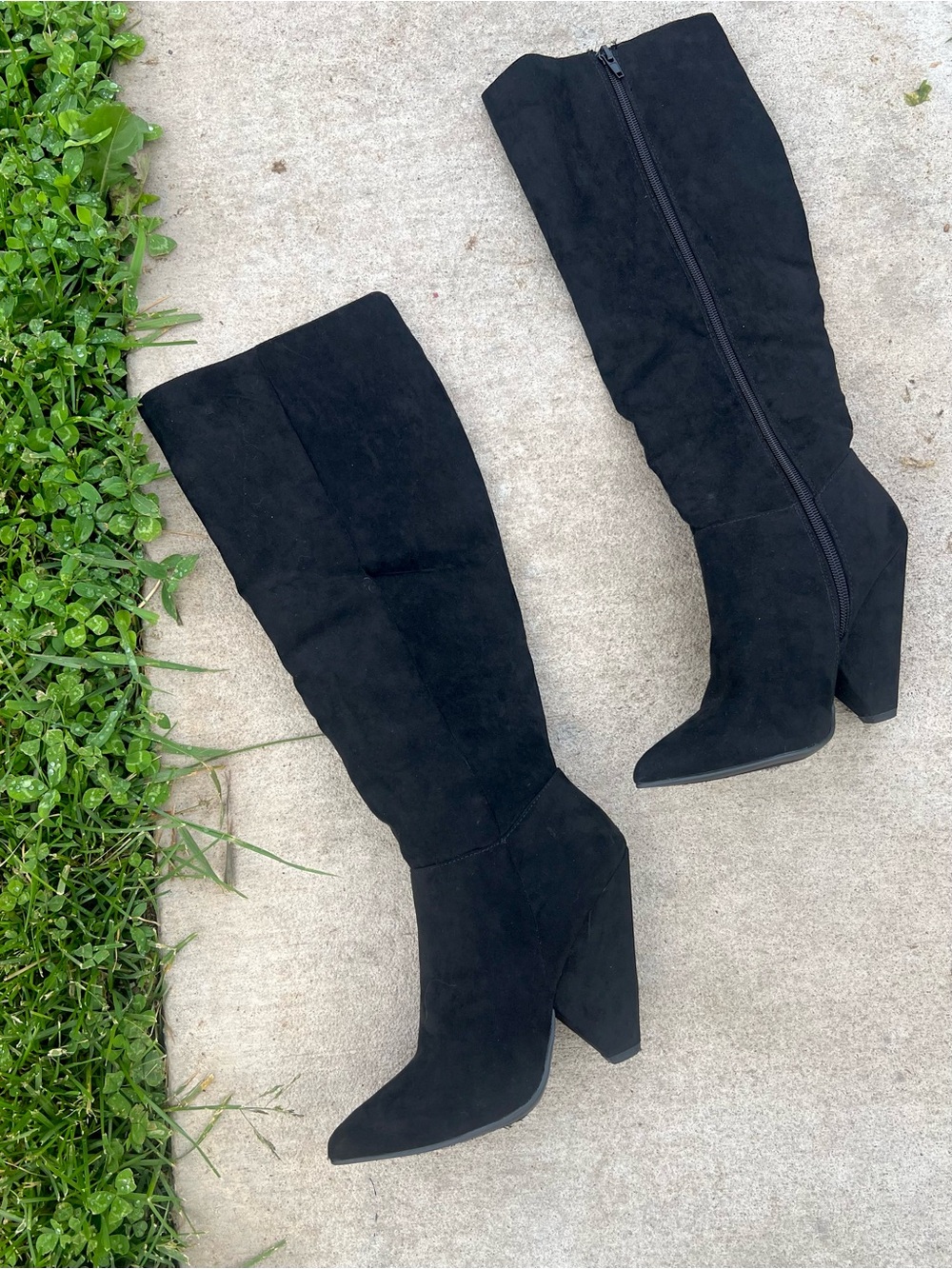 BAMBOO Black Pointed Toe knee boots Block Heel Boots